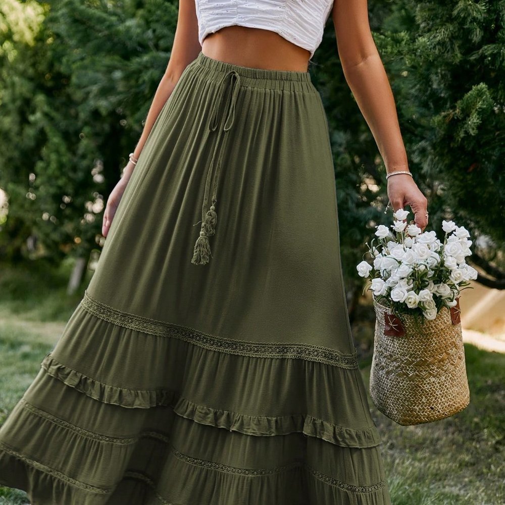 Green Boho Womens Tie Waist Ruffle Hem Skirt - Picture 4 of 5